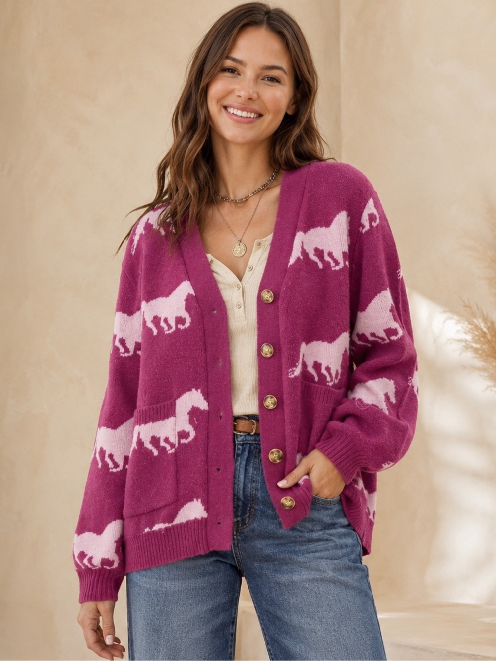 #123 Closeout FIRM 🌸New! Horse-Pattern Button Cardigan - Picture 2 of 2